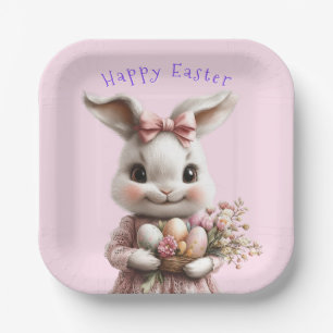 Adorable Easter Bunny Pink Bow Colored Eggs Paper Plates