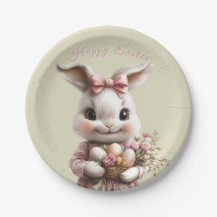 Adorable Easter Bunny Pink Bow Colored Eggs Paper Plates