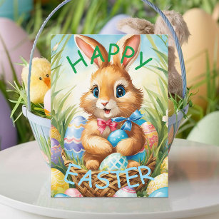 Adorable Easter Bunny Rabbit in Basket with Eggs Postcard