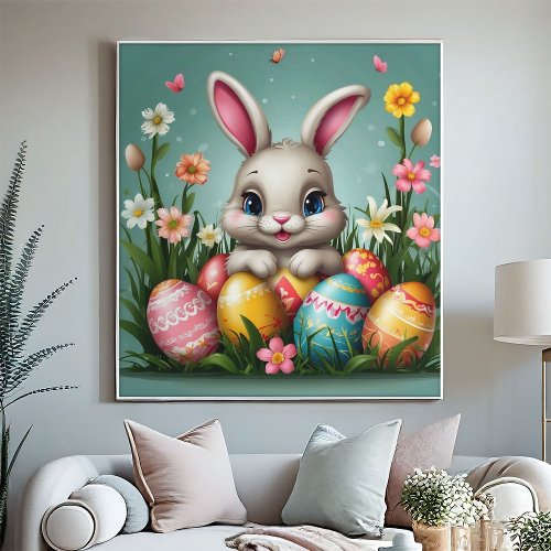 Adorable Easter Bunny with Colored Eggs  Poster
