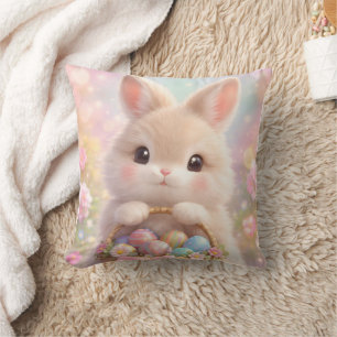 Adorable Easter Bunny with Colorful Basket of Eggs Throw Pillow