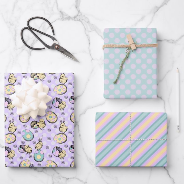 Adorable Easter Drawing and Pastel Easter Pattern Wrapping Paper Sheets (Front)