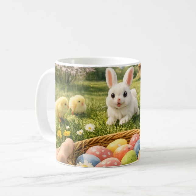 Adorable Easter Mug – Bunny, Chicks & Pastel Eggs (Front Left)