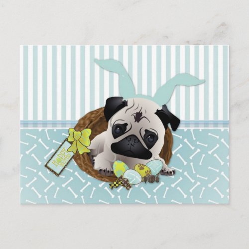 Adorable Easter Pugs with Eggs Baskets Holiday Postcard