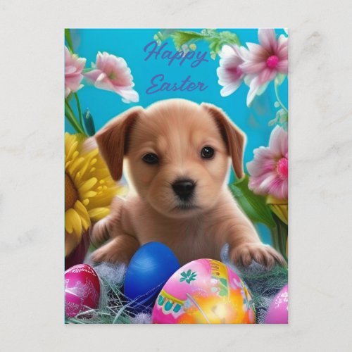 Adorable Easter Puppy Flowers and Eggs  Postcard