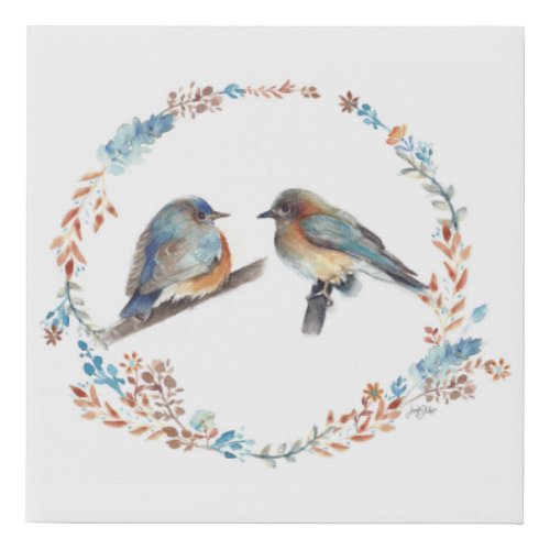 Adorable Eastern Bluebird Couple Floral Wreath Faux Canvas Print