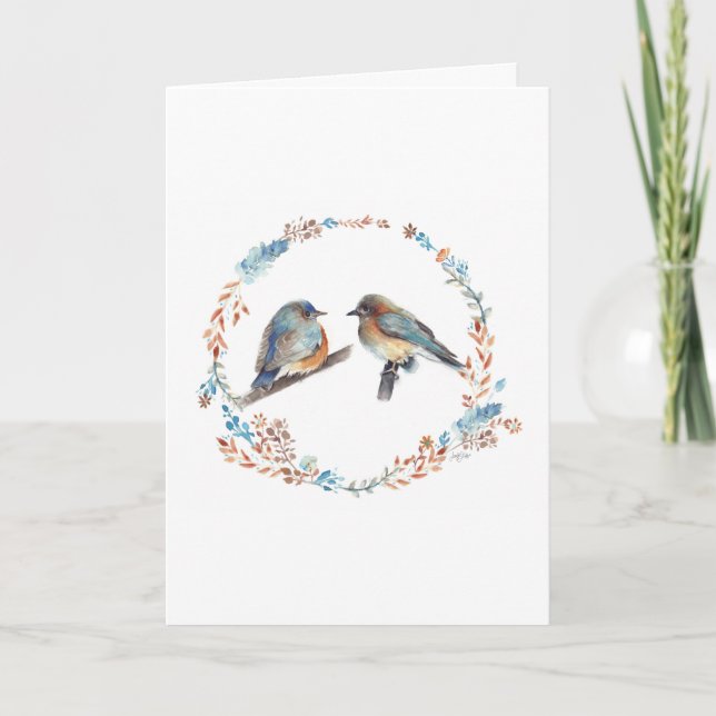 Adorable Eastern Bluebird Couple Floral Wreath Note Card (Front)