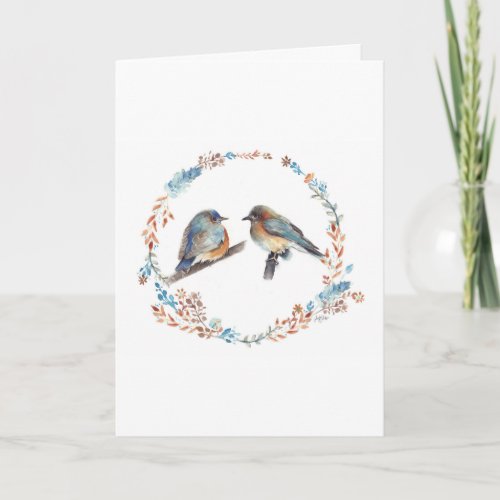 Adorable Eastern Bluebird Couple Floral Wreath Note Card