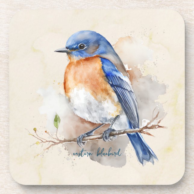 Adorable Eastern Bluebird Watercolor Beverage Coaster (Front)