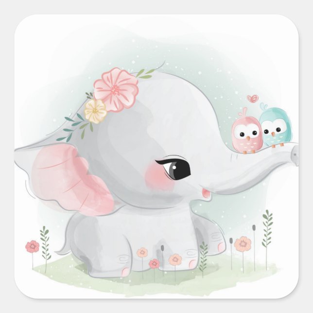 Adorable Elephant And Birds Square Sticker (Front)