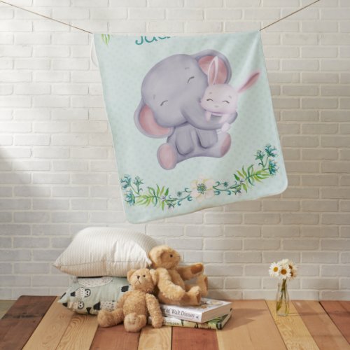 Adorable Elephant and Bunny Rabbit Personalized Baby Blanket