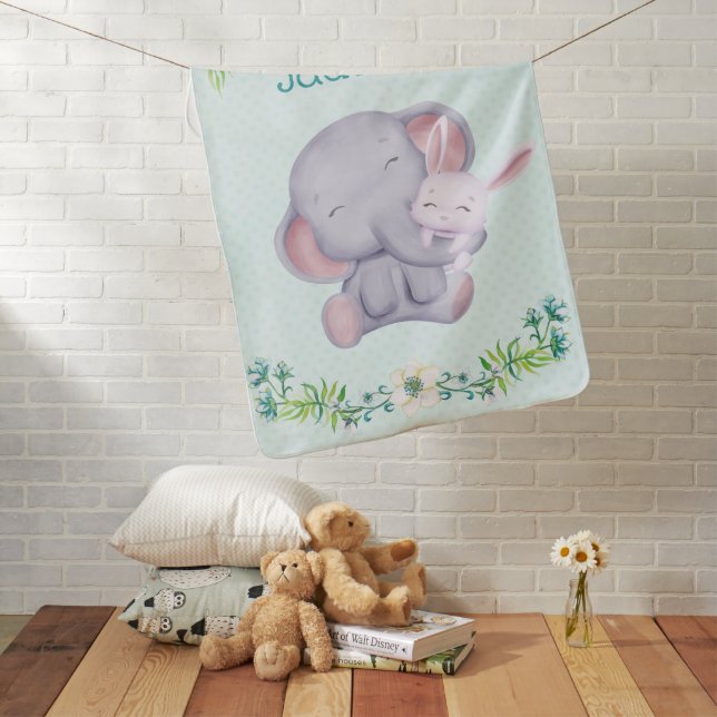 Adorable Elephant and Bunny Rabbit Personalized Baby Blanket (In Situ)
