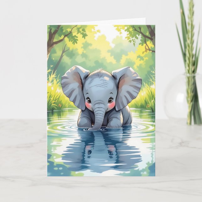 Adorable Elephant and Coloring Page Birthday Card (Front)