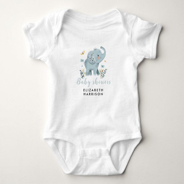 Adorable Elephant Blue Baby Boy Shower Bodysuit (Front)