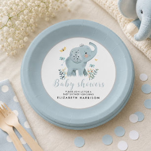 Adorable Elephant Blue Baby Boy Shower Paper Plates