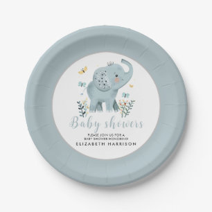 Adorable Elephant Blue Baby Boy Shower Paper Plates