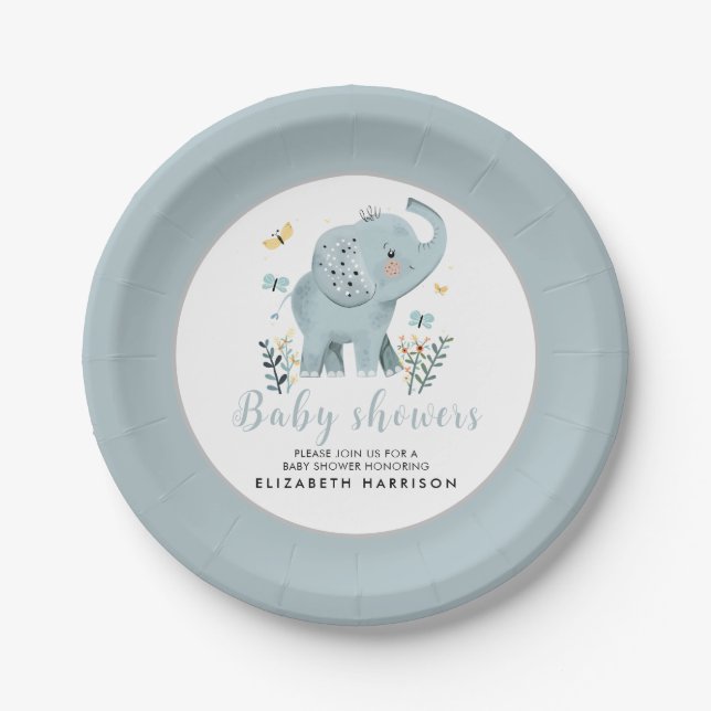 Adorable Elephant Blue Baby Boy Shower Paper Plates (Front)