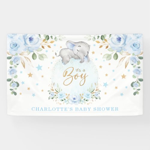 Adorable Elephant Blue Floral Boy Baby Shower Banner