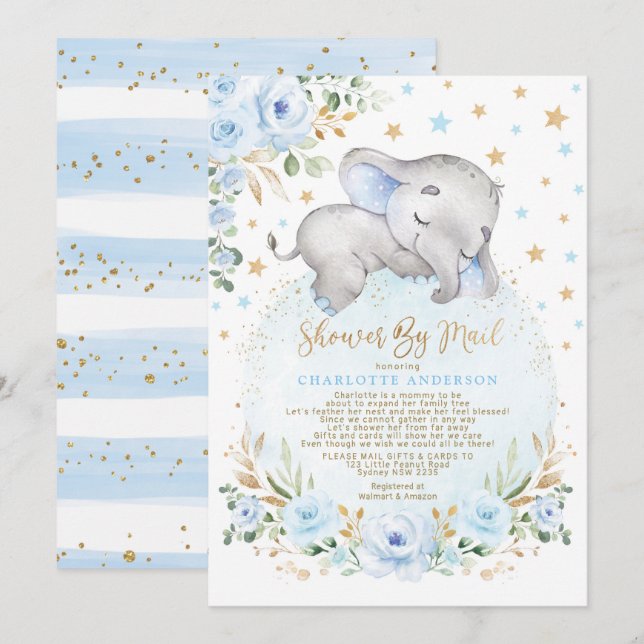 Adorable Elephant Blue Gold Baby Shower By Mail Invitation (Front/Back)