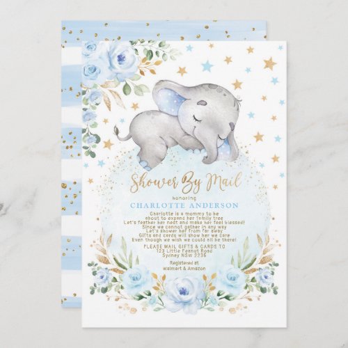 Adorable Elephant Blue Gold Baby Shower By Mail Invitation