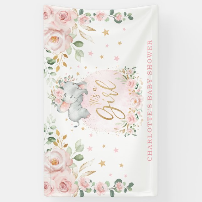 Adorable Elephant Blush Pink Floral Baby Shower Banner