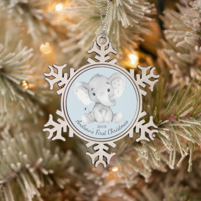 Adorable Elephant Boys First Christmas Snowflake Pewter Christmas Ornament (Tree)