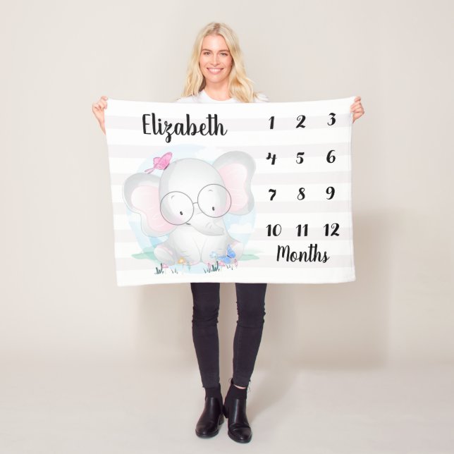 Adorable Elephant Butterflies Baby Milestone Fleece Blanket (In Situ)