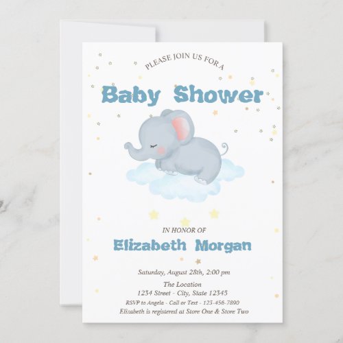Adorable ElephantClouds Stars Baby Shower Invitation