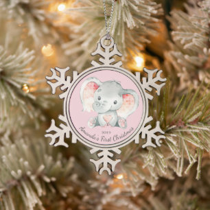 Adorable Elephant Girls First Christmas Snowflake Pewter Christmas Ornament