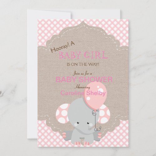 Adorable Elephant Pink Baby Girl Shower Invitation
