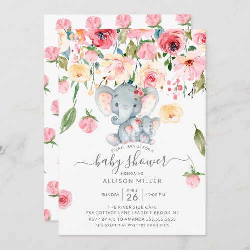 Adorable Elephant Pink Peonies Baby Shower Invitation