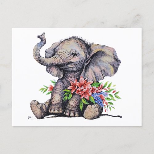 Adorable Elephant Postcard Watercolor Hand Painted
