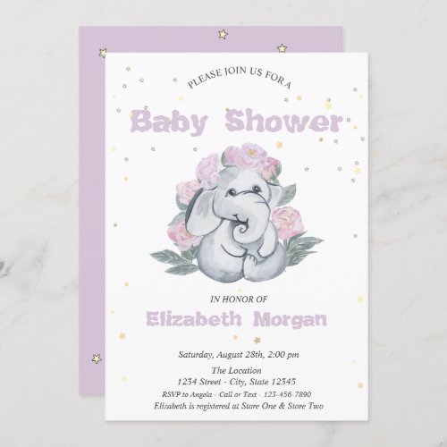 Adorable ElephantStars Flowers Baby Shower  Invitation