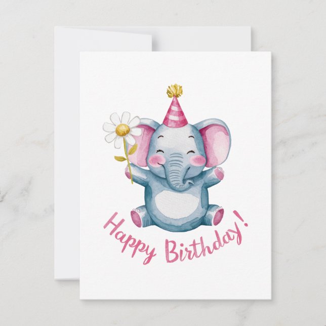 Adorable Elephant with Party Hat and Flowers Holiday Card (Front)