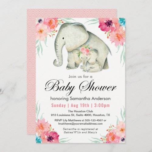 Adorable Elephants Girl Baby Shower Invitation