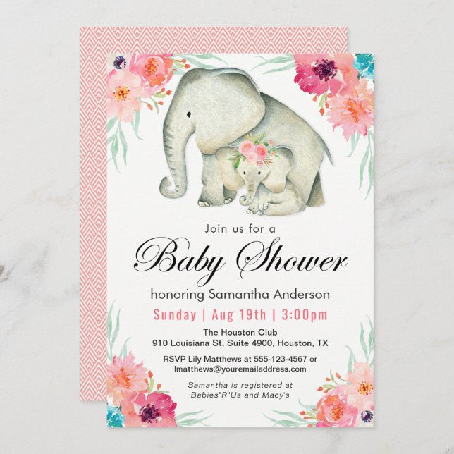 Adorable Elephants Girl Baby Shower Invitation (Front/Back)