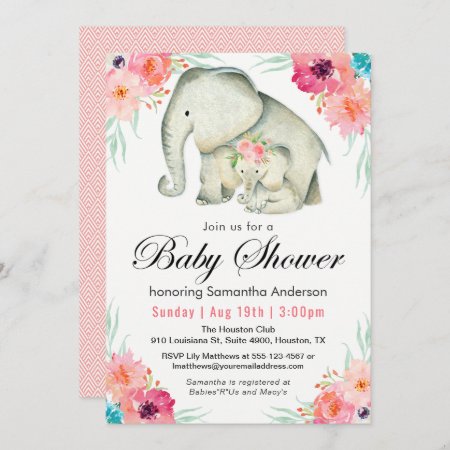 Adorable Elephants Girl Baby Shower Invitation