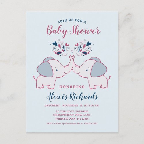 Adorable Elephants  Hearts Cute Baby Shower Invitation Postcard