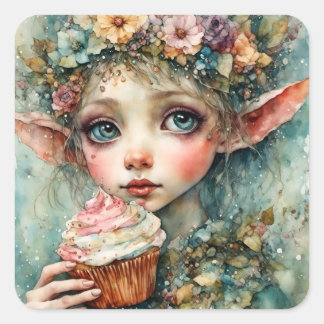 Adorable Elf With a Cupcake Square Sticker