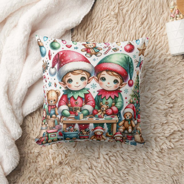 Adorable Elves in Santa's Workshop Christmas Throw Pillow (Blanket)