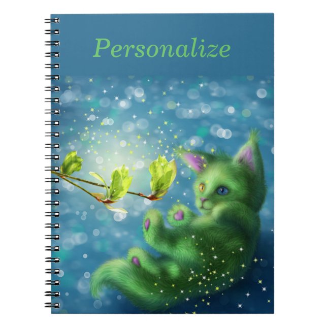 Adorable Enchanted Green Kitten Personalize Notebook (Front)