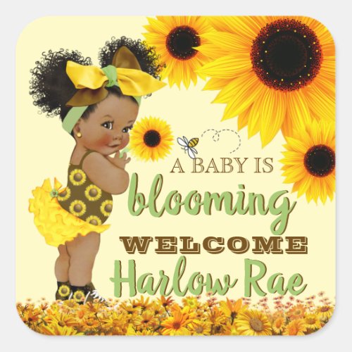 Adorable Ethnic Baby Girl  Yellow Sunflower Square Sticker