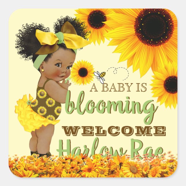 Adorable Ethnic Baby Girl | Yellow Sunflower Square Sticker (Front)