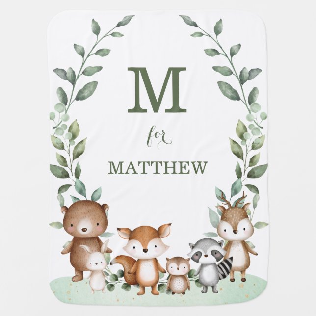 Adorable Eucalyptus Woodland Animals Monogram Baby Blanket (Front)