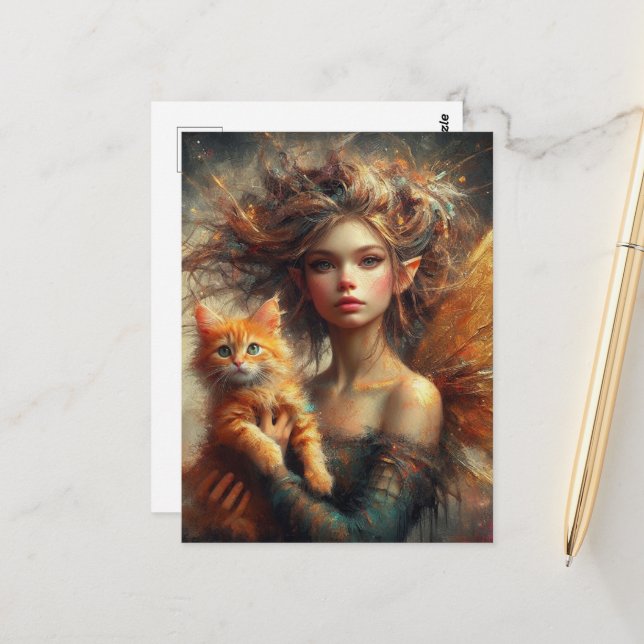 Adorable Fairy and her Ginger Kitten Postcard (Front/Back In Situ)