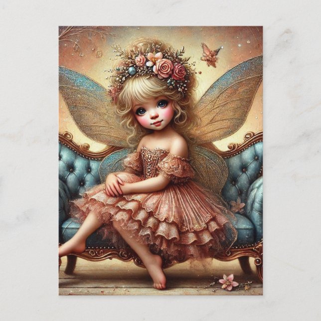 Adorable Fairy in a Pink Dress on a Vintage Couch Postcard (Front)