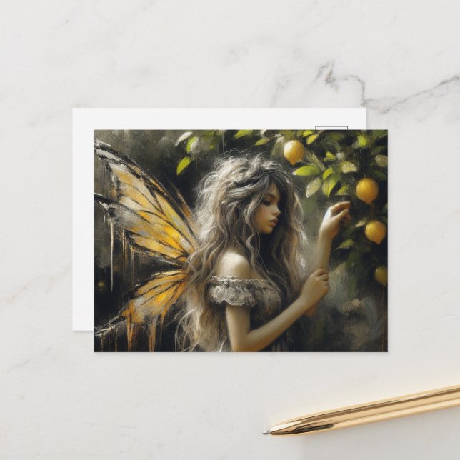 Adorable fairy picking lemons postcard (Front/Back In Situ)