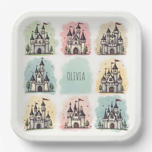 Adorable Fairy Tale Castle Doodles Paper Plates (Front)