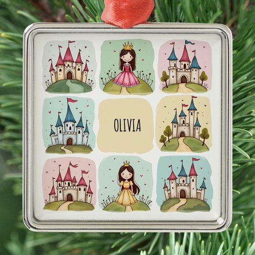 Adorable Fairy Tale Castle &amp; Princess Doodles Metal Ornament