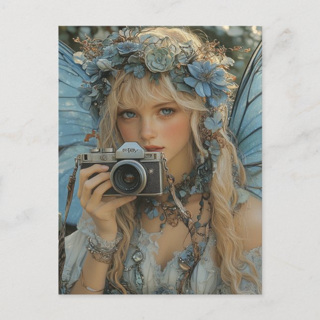 Adorable Fairy With Blue Wings and a Camera Postcard (Front)